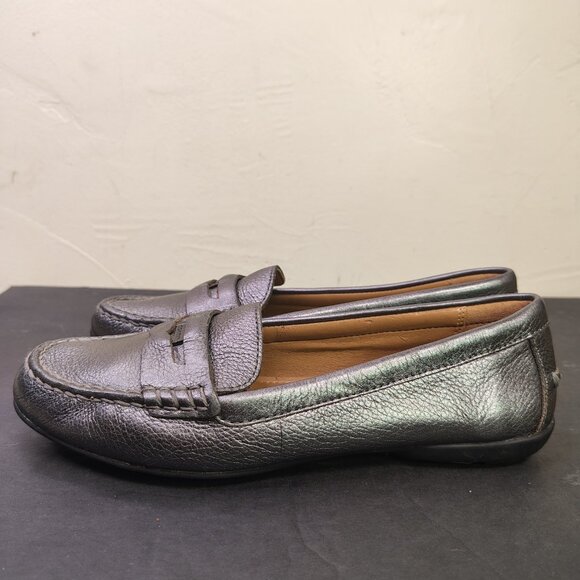 Coach Penny Loafers Womens Size 7.5 Pewter Metallic Pebbled Leather Moc - Picture 11 of 16